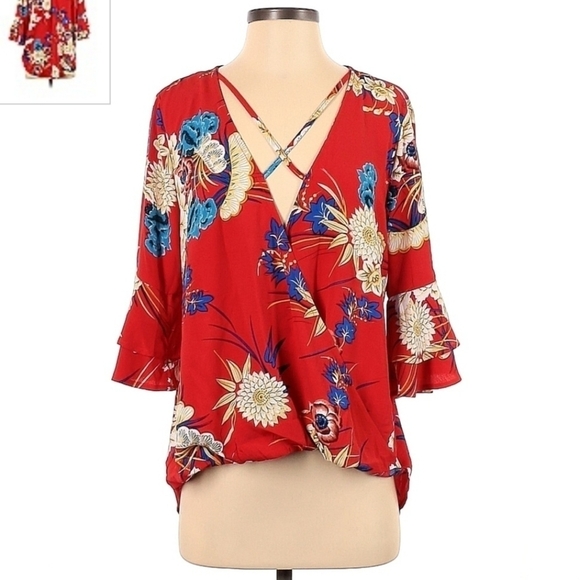 Jodifl Red Floral Criss Cross Blouse Top Women's Small S Layered Bell Sleeve EUC - Picture 1 of 9